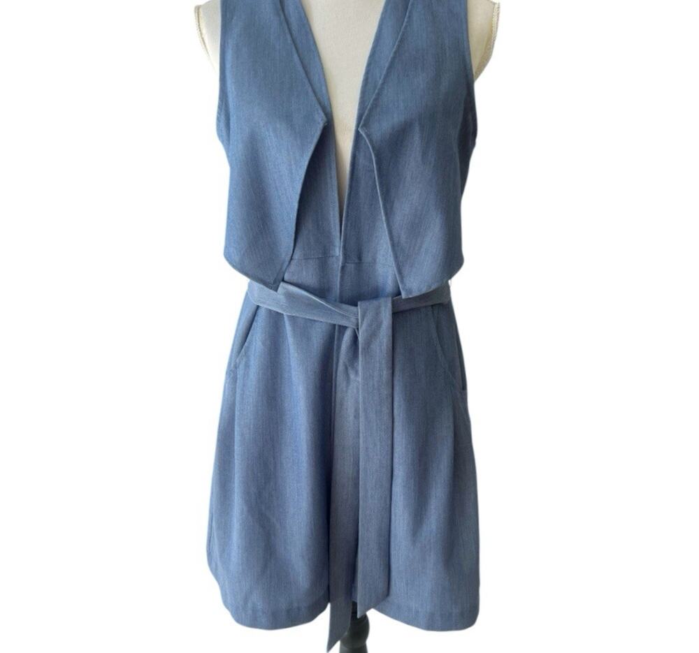 BCBG MAXAZRIA Chambray Belted Layered Long Trench Vest Jacket Sz XS Contemporary
